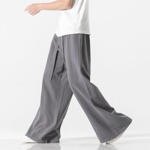 Wide Leg Pants Men Linen Cotton Solid Color Loose Japanese Style Casual Trousers4