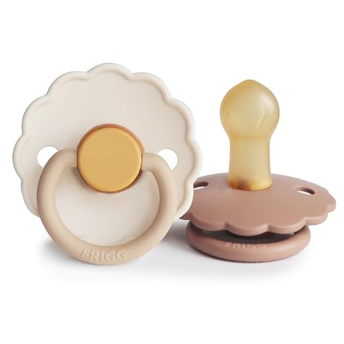 Image of FRIGG Daisy Natural Rubber Baby Pacifier | Made in Denmark | BPA-Free (Chamomile/Peach Bronze, 0-6 Months) 2-Pack