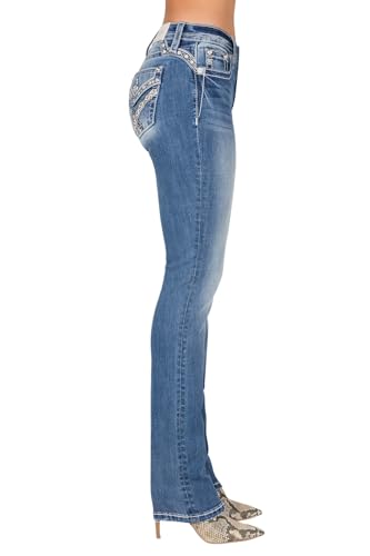 Miss Me Women's V Geometric Abstract Stitch Faux Flap Pockets Mid-Rise Straight Jeans3