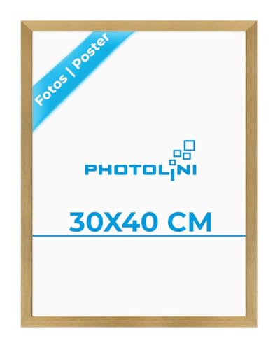 PHOTOLINI Bilderrahmen 30x40 Holz MDF Gold, Bilderrahmen 40x30 cm, Picture Frame mit bruchsicherem Acrylglas, Rahmen 30 x 40 zum Aufhängen, extra Zubehör - Rahmen 30x40 Gold für Fotos & Poster
