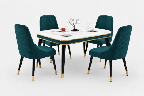Image of WOODEN SPACE 4 Seater Wooden Dining Table Set | Urban Marble Top Dining Table with Chairs for Dining Room & Kitchen (Modern Vento Sea Blue) (54 x 36 x 30 inch)
