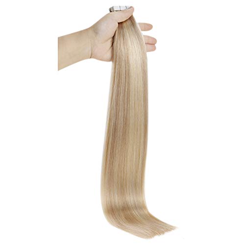 Human Hair Extensions Tape in 50g Golden Blonde Highlighted With Light Blonde Tape in Hair Extensions 20 Inches Tape Extensions