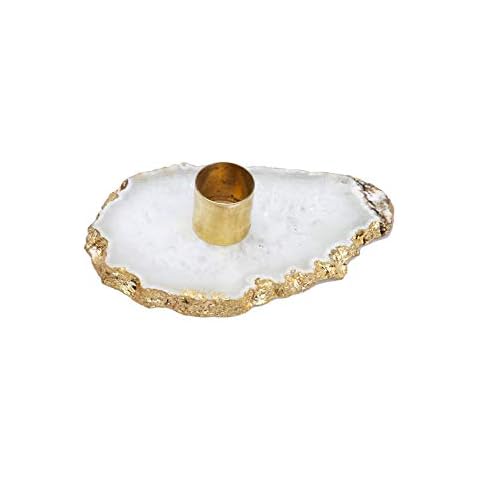 Classic Touch Decorium Flat White Agate Stone Candle Holder with Gold Border Cover