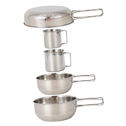 MUSISALY 5Pcs Stainless Steel Camping Cookware Set Durable Tableware for Picnic Fishing BBQ Includes Saucer Pots Cups Easy to Clean Handle for Storage