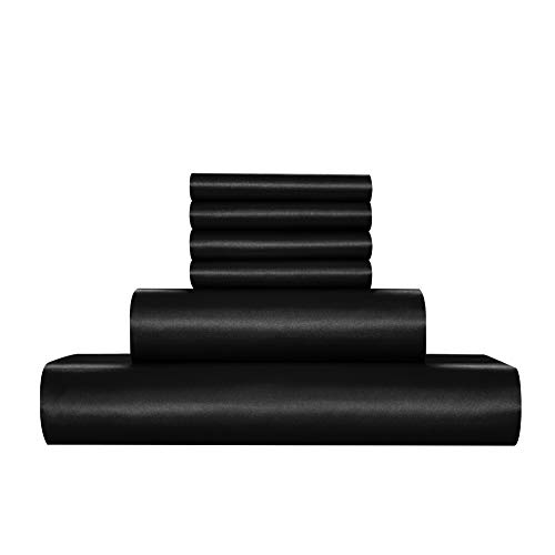 Aimay 6 Piece Satin Bedding Sheet Set King Black Deep Pocket 1800 Series Luxury Rich Silk Silky Super Soft Solid Color 4 Pillowcases Reversible Sexy Honeymoon Wrinkle Free (King, Black) #TOP2