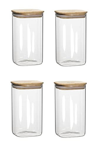 IndusBay® Tarros de vidrio de borosilicato de 1,2 L con sello de silicona herméticas de bambú, recipiente de té, tarro de almacenamiento de cocina transparente con estante de bambú, juego de