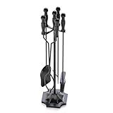 Aokia Juego de 5 herramientas para chimenea: kit de accesorios para hoguera de hierro forjado negro con soporte, diseño moderno para decoración de interiores y exteriores, incluye pinzas, póquer,