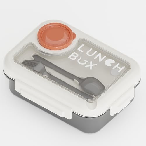 Image of Stainless Steel Lunch Box for Kids & Adults, 3 Compartment Bento Box with Spoon Fork, Leakproof BPA Free Tiffin for School Office College Travel (Grey)