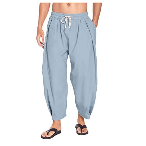 Wankang Men's Cotton Linen Harem Pants Casual Loose Fit Drawstring Slacks Lightweight Beach Yoga Pants with Pockets for Men