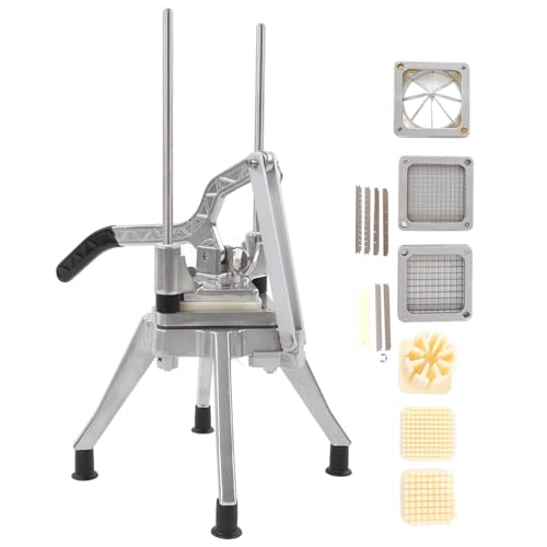 French Fries Cutter Veggie Chopper and Wedger Manual Vegetable Fruit Chopper Pull Down Handle Professional Vegetable Fruit Chopper Cutter with Four Blades 1/2in 3/8in 1/4in