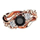 HEARTS AND YOU Anillo de compromiso redondo de moissanita negra para mujer, chapado en oro rosa, trilogía floral dividida, Metal no precioso, Moissanita