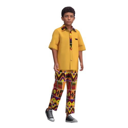 Image of XIAOHUAGUA African Clothes for Boy Kids African Outfit 2 Pcs Set Kente Print Shirt and Long Pants