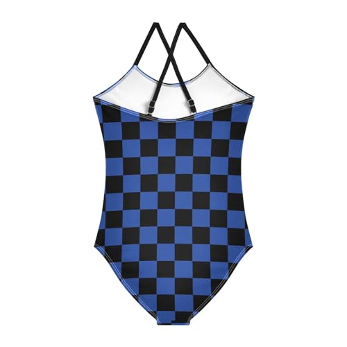 Image of Black and White Chess Girls One Piece Swimsuits Board Marble Tile Sport Halter Swimwear Beach Bathing Suit 3T