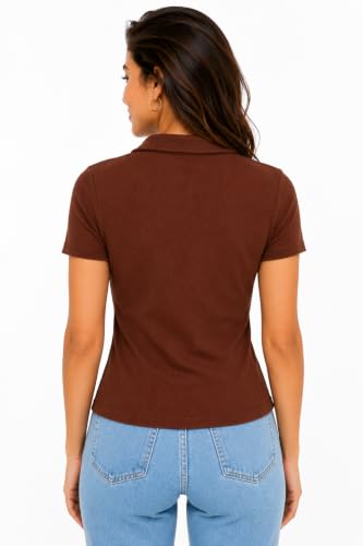 Image of Women's Ribbed V Neck Collared, Casual Short Sleeve Polo Top, Stretch Knit, Soft Lightweight Summer Basic Tee for Office, Work, Travel
