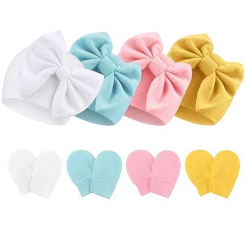 Image of Newborn Baby Hats and Mittens Set Infant Bow Beanie Cap Toddler Gloves Newborn Hospital Hats for Baby Boy Girl 0-6 Months
