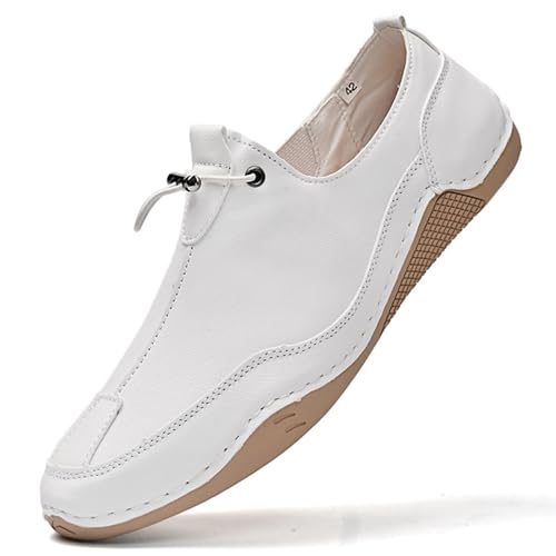 Men's Leather Outdoor Non-Slip Driving Loafers Comfortable Hand-Stitched Soft Casual Shoes Round Toe Lightweight Hiking Shoes