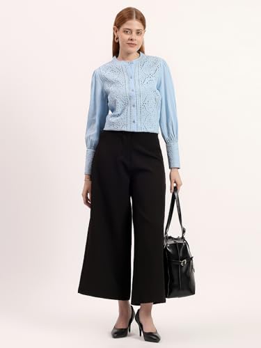 Image of Women's Blue Embroidered Panel Shirt | Elegant Mandarin Collar Button-Down Top | Full Sleeve Formal & Office Wear Shirt