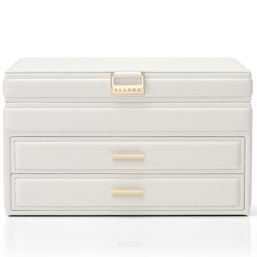 Vlando Jewelry Box White Leather Jewelry Organizer 3 Layer Glass Jewelry Boxes with 2 Drawers Jewelry Box for Teen Girls Large Jewelry Storage for Christmas Gifts Earrings Necklaces Rings