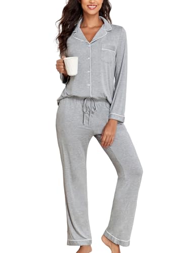 Image of Veseacky Women's Ribbed Knit Pajamas Set 2 Piece Warm Soft Loungewear Sleepwear Pjs S-XXL