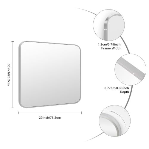 Image of KOCUUY Silver Bathroom Mirror, 30x30 Inch Bathroom Mirror for Over Sink, HD Tempered Glass, Anti-Rust Brushed Silver Frame, Rounded Corner Modern Design for Bathroom, Hang Horizontal /Vertical