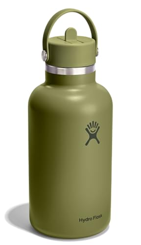 Image of Hydro Flask Water Bottle - Insulated Stainless Steel - Wide Mouth Flex Straw Lid, Non Spill, Leakproof and Refillable in 64 Oz Palmer Green