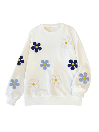 Milumia Girl's Flower Patched Crew Neck Sweatshirt Long Sleeve Loose Pullovers