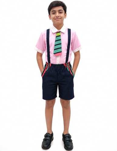 Image of BookMyCostume Boy Dangri Style Costume Set | Pink Shirt with Denim Dangri Style Shorts & Colorful Tie | Fancy Dress Costume for Role Play | Boys | 8-10 Years