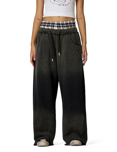 Aelfric Eden Double Waist Washed Baggy Sweatpants Loose Wide Leg Plaid Patchwork Casual Pants with Pockets2