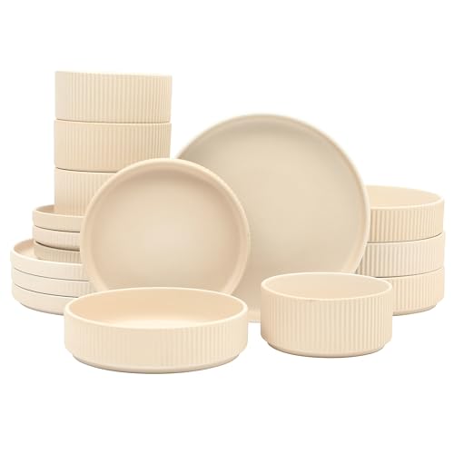 Image of Gibson Elite Deerfield 16-Piece Stoneware Dinnerware Set - Cream White Reactive Glaze Plates and Bowls, Stackable Design, Service for 4 - Dishwasher & Microwave Safe
