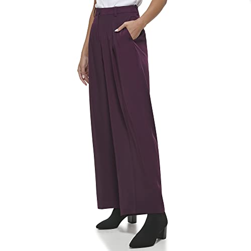 Calvin Klein Women's Misses Solid Crepe Pleated Straight Leg Pant, Aubergine, 10 #TOP2