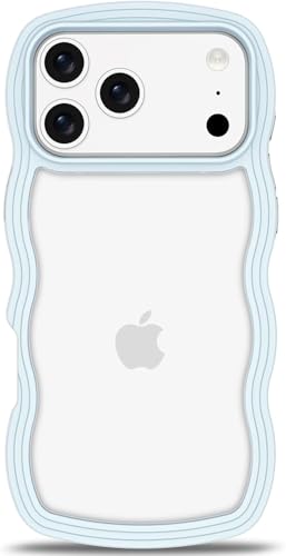 Image of GoldKart iPhone 17 Pro Max Case Wavy Edge Clear Back Design, Anti-Slip Grip Cute Wave Curly Frame Shape Shockproof Soft TPU & Hard PC Bumper Protective Phone Case Cover for Women Girls - Light Blue