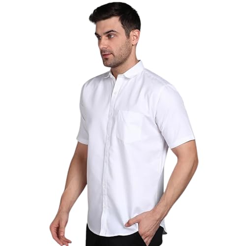 Image of MILDIN Men's Cotton Blend Solid Shirt with Spread Collared Half Sleeve Curved Hemline Button Closure Regular Fit and One Pocket | Half Sleeve Shirt for Men