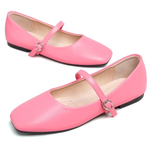 Image of TN TANGNEST Leather Flats for Women Retro Mary Jane Flats | Comfortable Square Toe Slip On Flats with Buckle Strap, Soft Work Flats Office Shoes