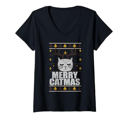 Donna Merry Catmas Brutto maglione natalizio con renna gatto meme divertente Maglietta con Collo a V
