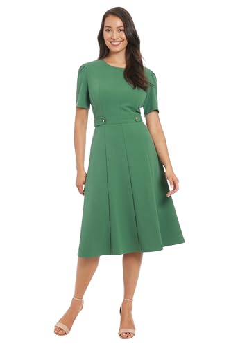 Image of London Times Women's Short Sleeve Crepe Fit and Flare Midi with Waist Button Detail