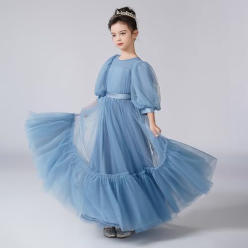 dideyttawl 3/4 Sleeves Puff Tulle All Lining Round Neck Long Flower Girl Dress for 4-16 Wedding Guest Dresses Ball Gown2