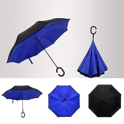 DRAYA DEAL'S Inverted Reverse Umbrella for Car, Double Layer Windproof C Handle Umbrella, Big Size Reversible Upside Down Umbrella for Men & Women, UV & Rain Protection (Multicolor)