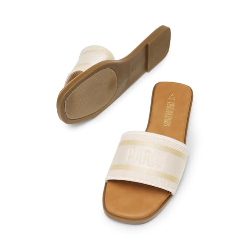 Image of DREAM PAIRS Women's Flat Sandals Slip On Slides Sandals Square Open Toe Jacquard Braided Fashion Slides Casual Beach Slippers for Summer