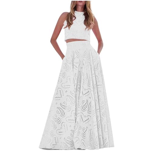 Women's 2 Piece Eyelet Skirt Set Outfits Crop Tank Tops Long Skirts Sets Sleeveless Maxi Skirts Nightclub Party Skirt Pocket (White,L)