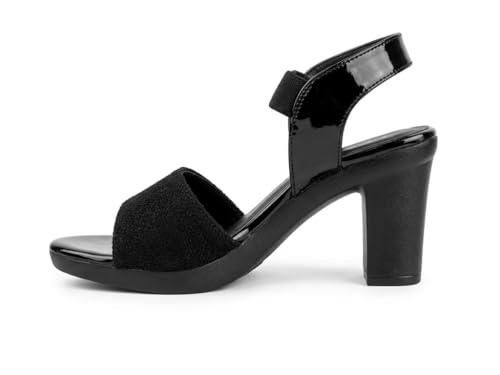 Image of Women's Black Block Heel Sandals, Open Toe with Ankle Strap, Suede and Patent Finish GW S10