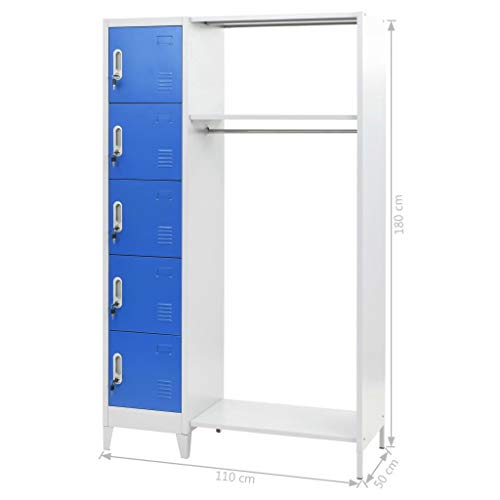 mewmewcat Taquillas Vestuario Metalicas con 5 Compartimentos y 1 Perchero, Azul y Gris, 110x45x180 cm