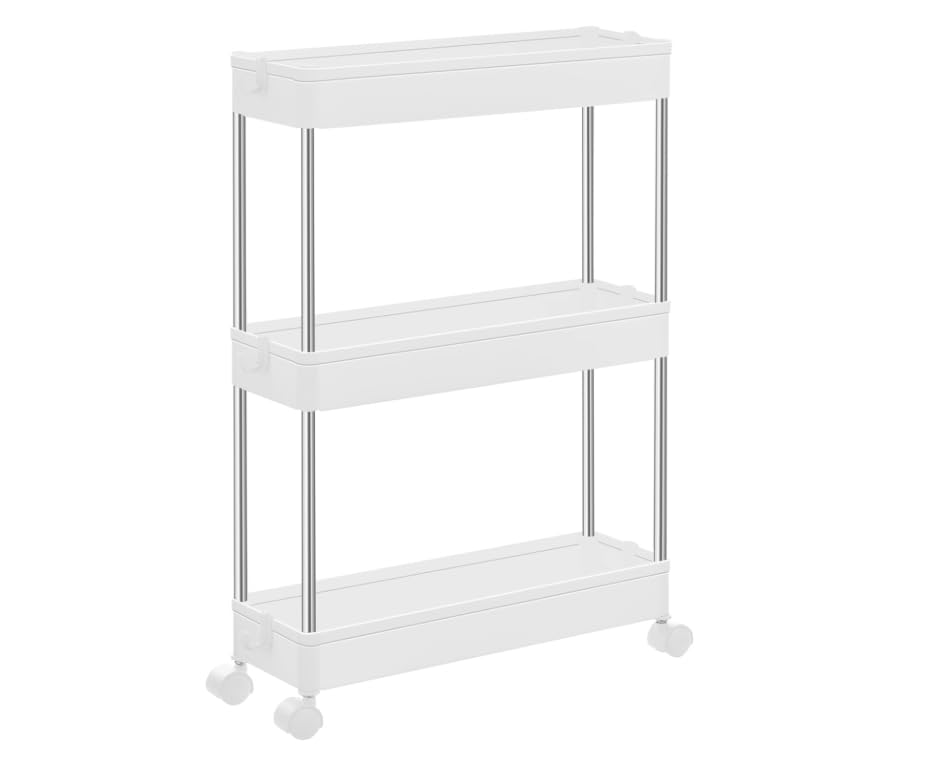 ASelected Servierwagen mit Rollen, 3 Ebenen Rollwagen Schmal, Nischenwagen Nischenregal mit 4 Haken...