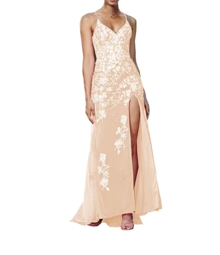 Image of Long Spaghetti Straps Tulle Mermiad Prom Dress V Neck Lace Appliques Formal Dress with Slit SF203