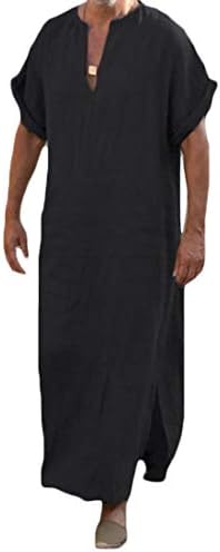 Jofemuho Mens Plus Size Solid Cotton Linen Short Sleeve Abaya Muslim Thobe Thoub Robe Arab Kaftan Black L