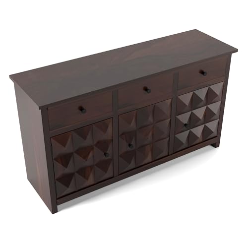 Image of Solid Sheesham Wood Wooden Sideboard Storage Cabinet & Chest of Drawer : Ideal for Living Room and Bedroom with 3 Drawers and 3-Shelf Storage (Morse, Walnut Finish)