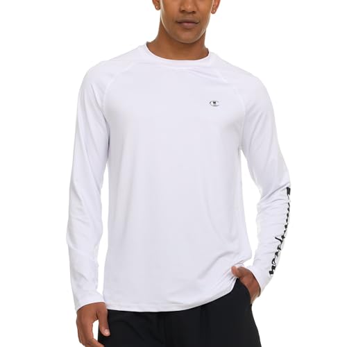 Consejos para Comprar Ropa de Deportes acuáticos los mejores 10. 49 Champion - playera de natación de manga larga para hombre, para pesca, senderismo, UPF+ 50 SPF protección UV, secado rápido, Blanco, Large