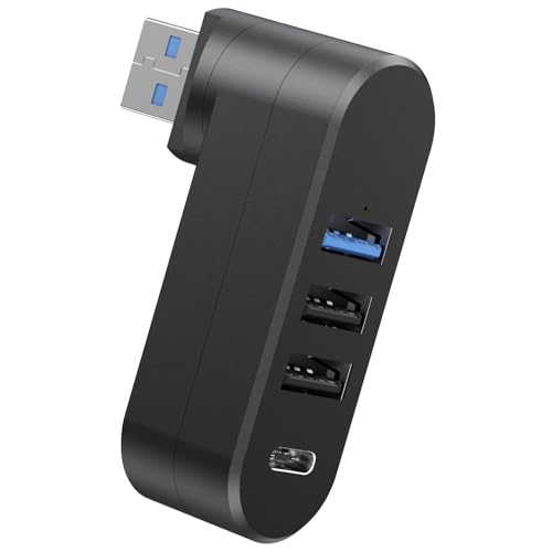 USB Splitter 4 Port for Car, USB Hub 3.0 Rotatable 90°/180° Multiport Adapter with 3 USB-A and 1 USB-C Expansion Dock for Laptop Keyboard Car and Mobile Phone, Black