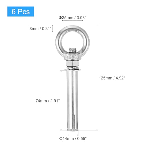 Image of uxcell Ring Lifting Expansion Eyebolt, 6pcs M10x100mm 304 Stainless Steel Expansion Screw with Eye Ring for Concrete Brick Wall