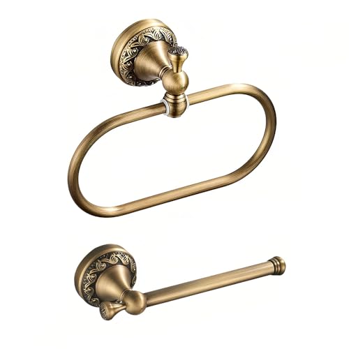 2-Piece Set Antique Brass Toilet Paper Holder, Brass Towel Ring Oval, Hand Towel Holder Bathroom Accessories Wall Mounted Vintage