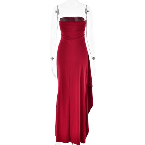 Image of Women's Sexy Strapless Backless High Split Long Maxi Dress Ruched Off Shoulder Sleeveless Bodycon Party Cocktail Dresses
